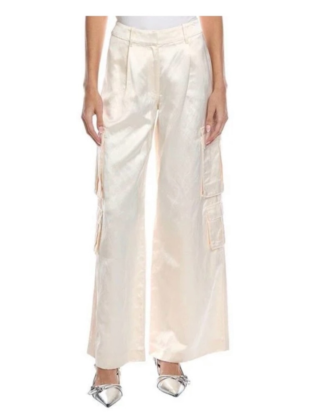 Self-Portrait Ivory Satin Wide-Leg Cargo Pants size 2